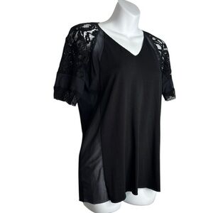 Gary Graham Designer Quiet Luxury Short Sleeve Lace Jersey Mesh Blouse Small